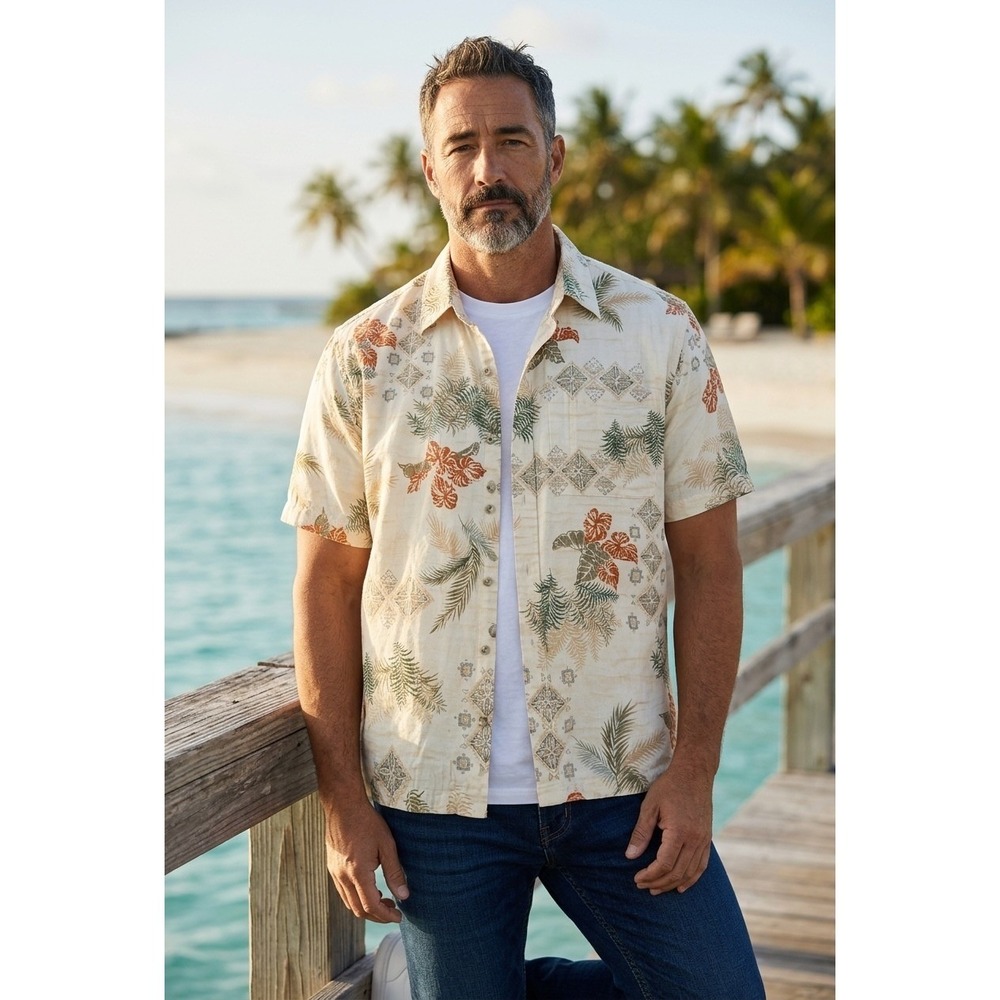 Urban Renewal Mens Tropical Aloha Shirt Cream Cotton Hibiscus Palm Print Medium